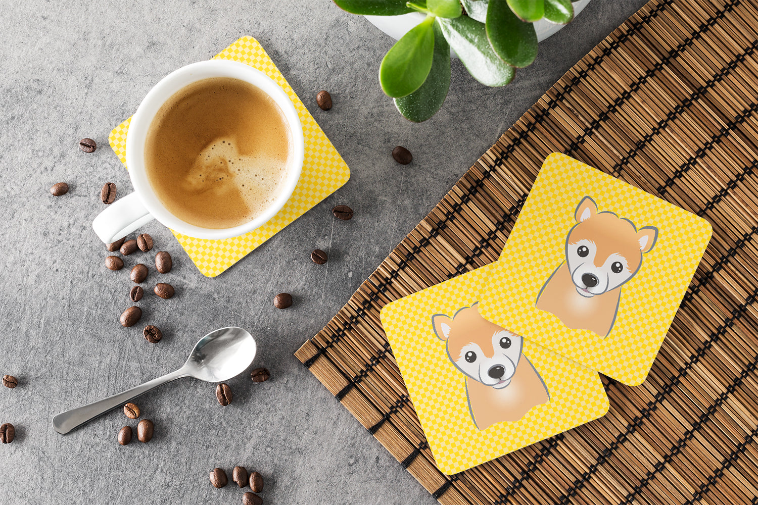 Yellow Checkered Shiba Inu Foam Coasters Set of 4 Cup Coasters for Indoor Outdoor, Tabletop Protection, Anti Slip, Mouse pad Material