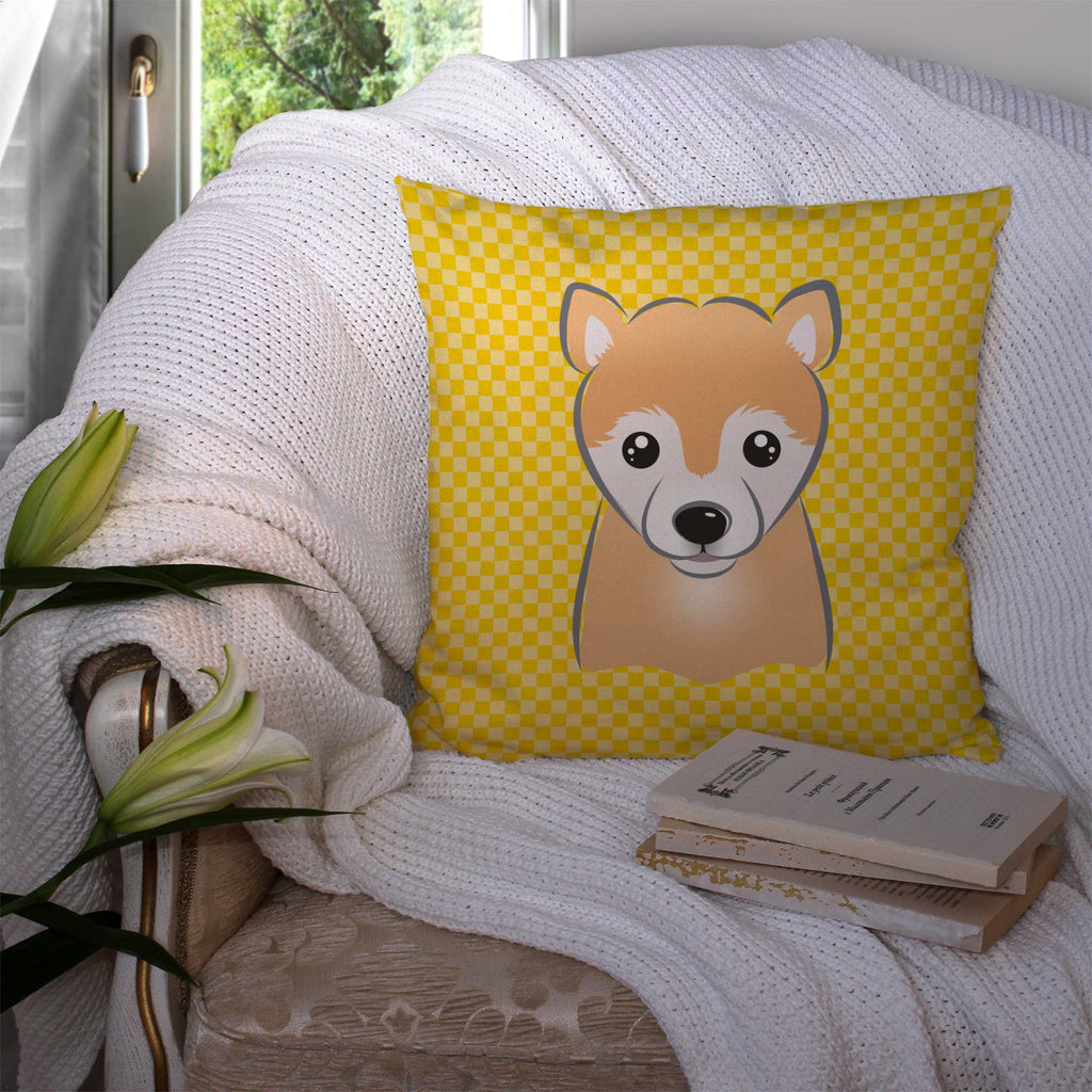 Yellow Checkered Shiba Inu Decorative Throw Pillow 14x14 Indoor Outdoor Accent Cushion, Fabric Cover with Insert for Sofa, Bed, Porch & Living Room