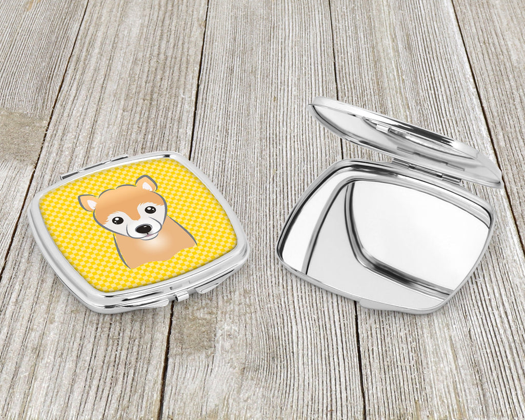 Yellow Checkered Shiba Inu Compact Mirror Decorative Travel Makeup Mirror for Women Girls Gifts Pocket Makeup Mirror Folding Handheld
