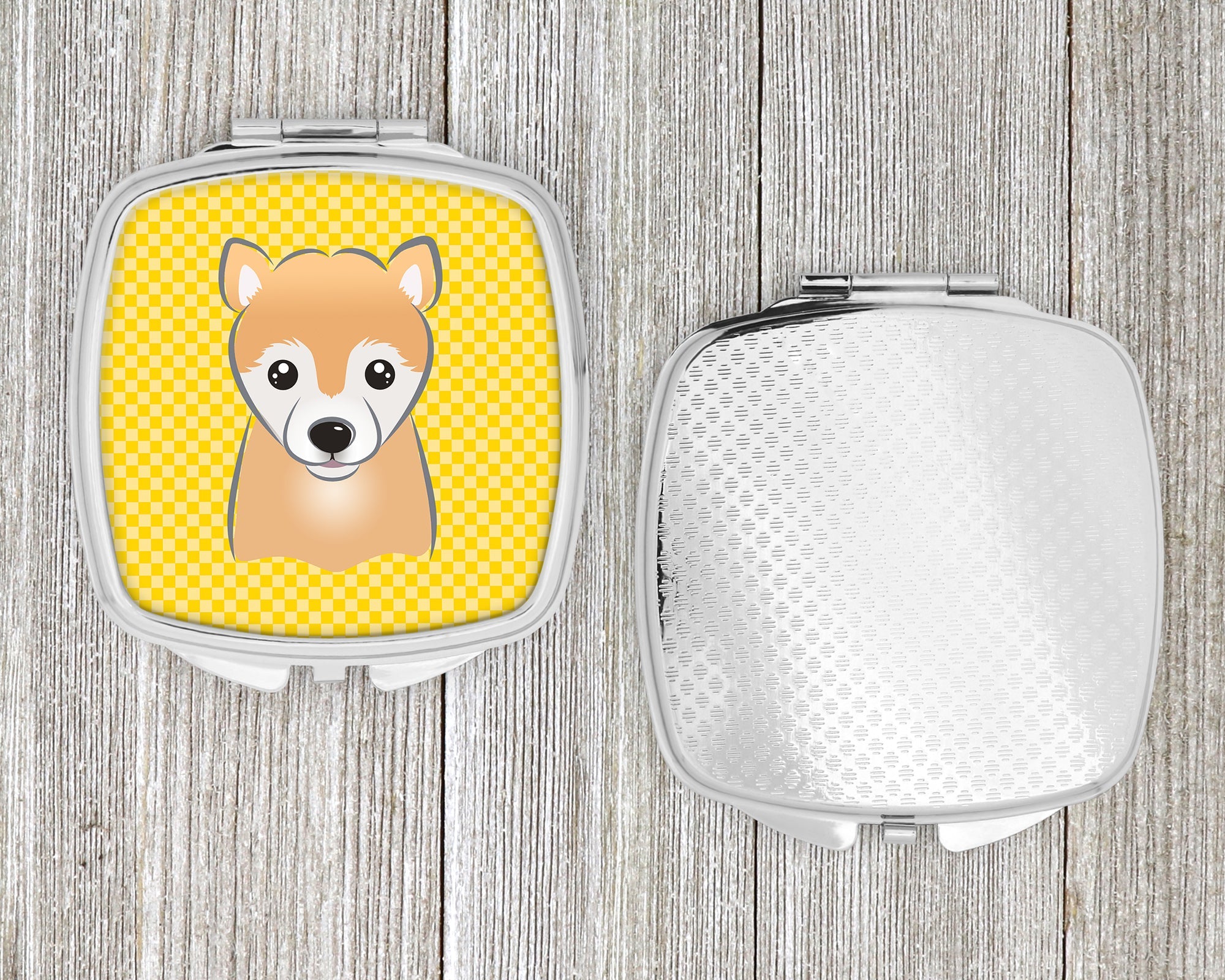 Yellow Checkered Shiba Inu Compact Mirror Decorative Travel Makeup Mirror for Women Girls Gifts Pocket Makeup Mirror Folding Handheld