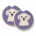 Purple Checkered Maltese Set of 2 Cup Holder Car Coasters Absorbent Round Sandstone Coasters Gifts for Men or Women, 2.5, Multicolor