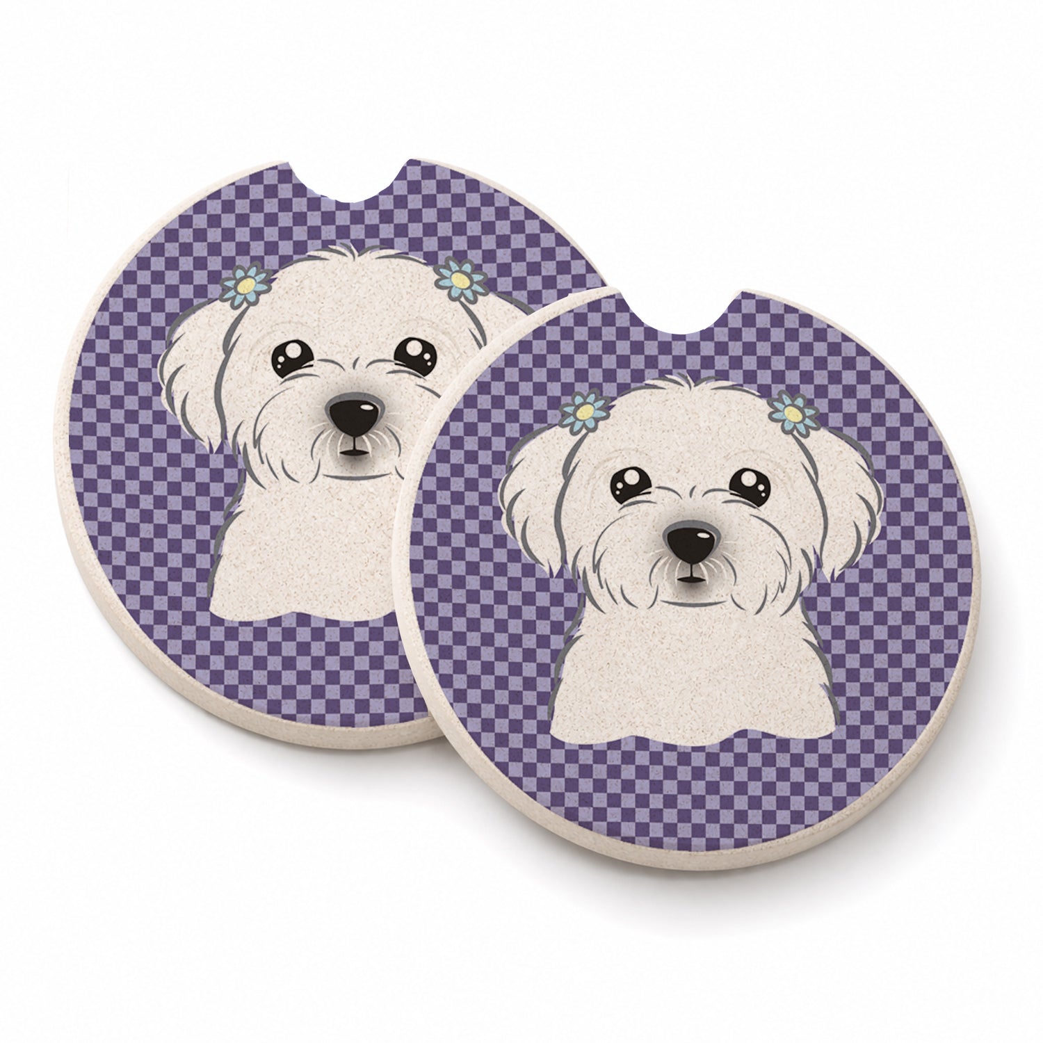 Purple Checkered Maltese Set of 2 Cup Holder Car Coasters Absorbent Round Sandstone Coasters Gifts for Men or Women, 2.5, Multicolor