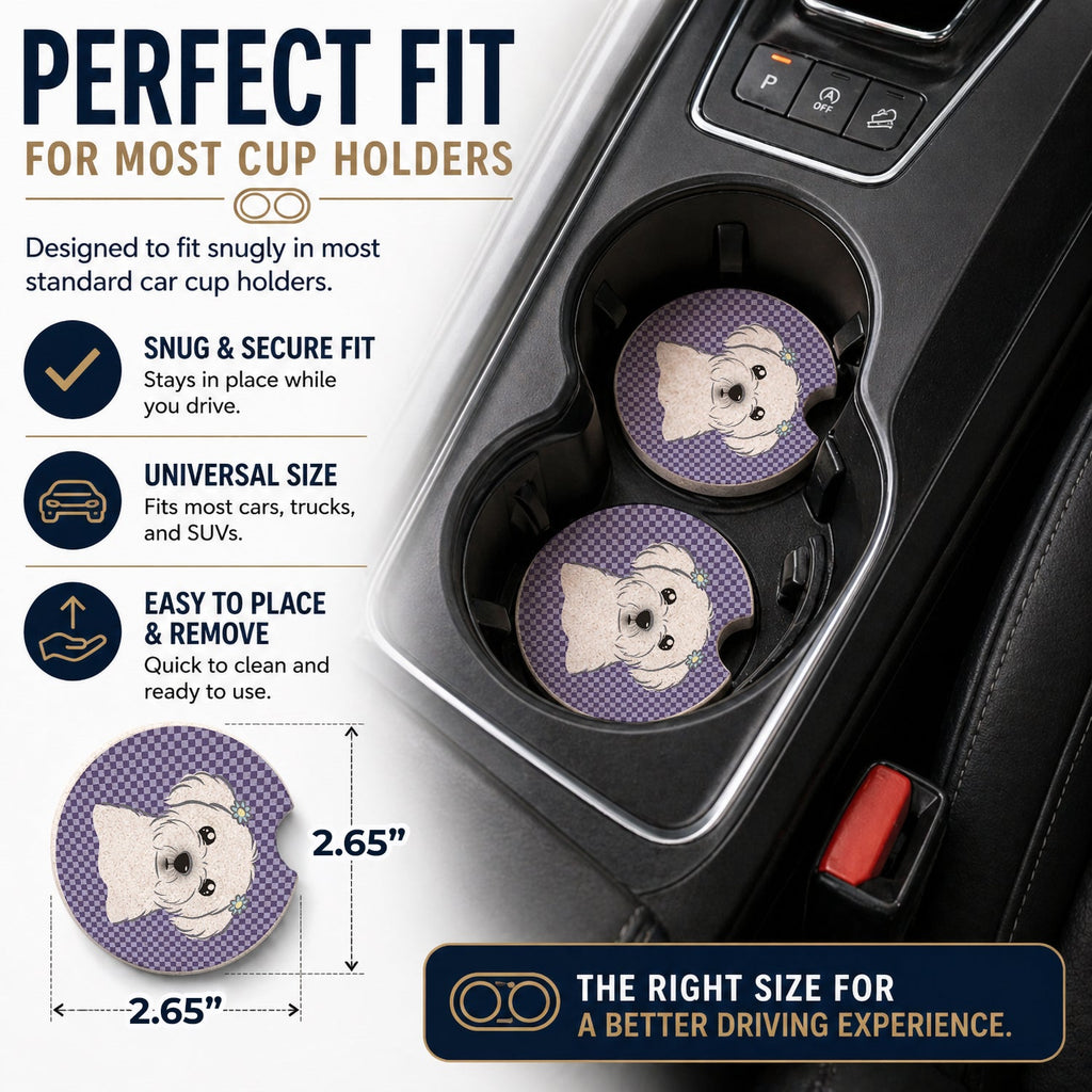 Purple Checkered Maltese Set of 2 Cup Holder Car Coasters Absorbent Round Sandstone Coasters Gifts for Men or Women, 2.5, Multicolor