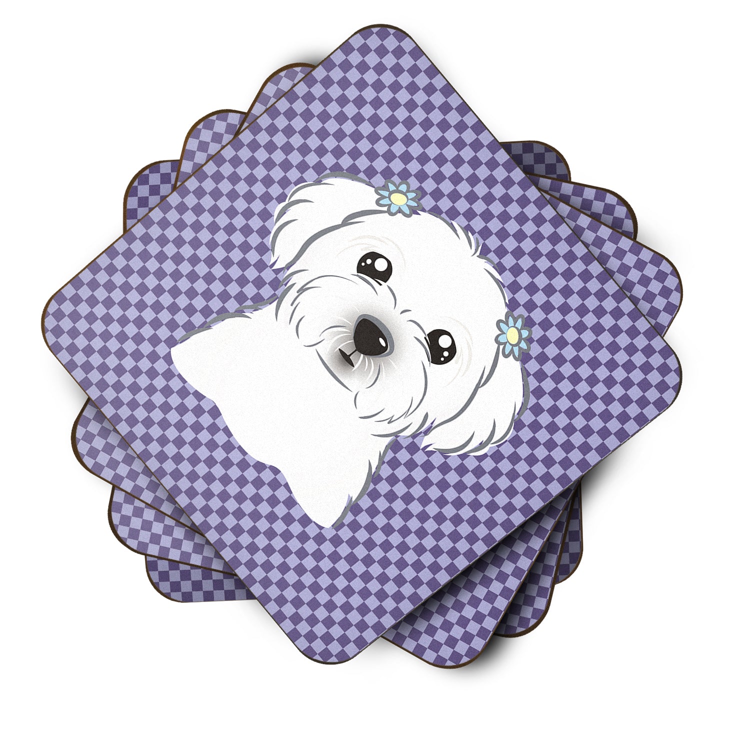 Purple Checkered Maltese Foam Coasters Set of 4 Cup Coasters for Indoor Outdoor, Tabletop Protection, Anti Slip, Mouse pad Material