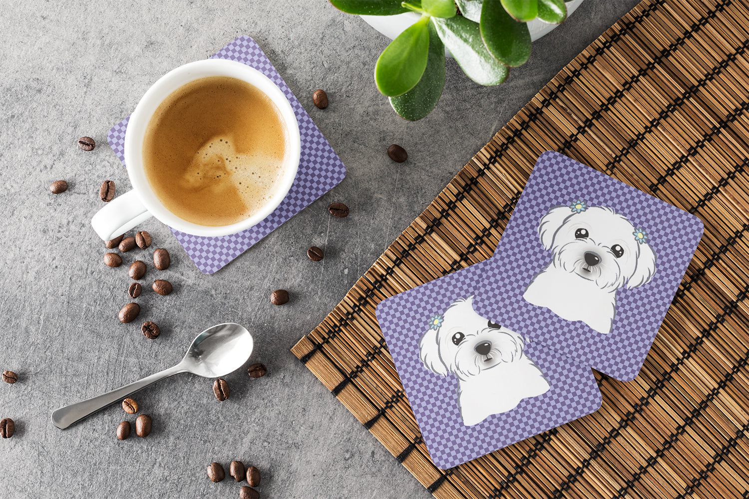 Purple Checkered Maltese Foam Coasters Set of 4 Cup Coasters for Indoor Outdoor, Tabletop Protection, Anti Slip, Mouse pad Material