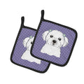 Purple Checkered Maltese Pot Holder Set of 2 Heat Resistant Quilted Hot Pads 7.5 x 7.5 Inch, Insulated Kitchen Trivets for Cooking & Baking