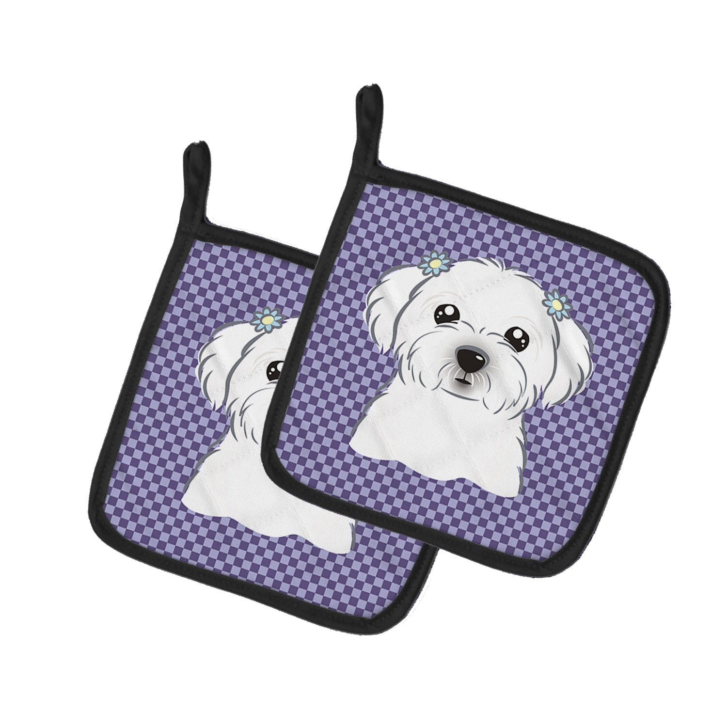 Purple Checkered Maltese Pot Holder Set of 2 Heat Resistant Quilted Hot Pads 7.5 x 7.5 Inch, Insulated Kitchen Trivets for Cooking & Baking