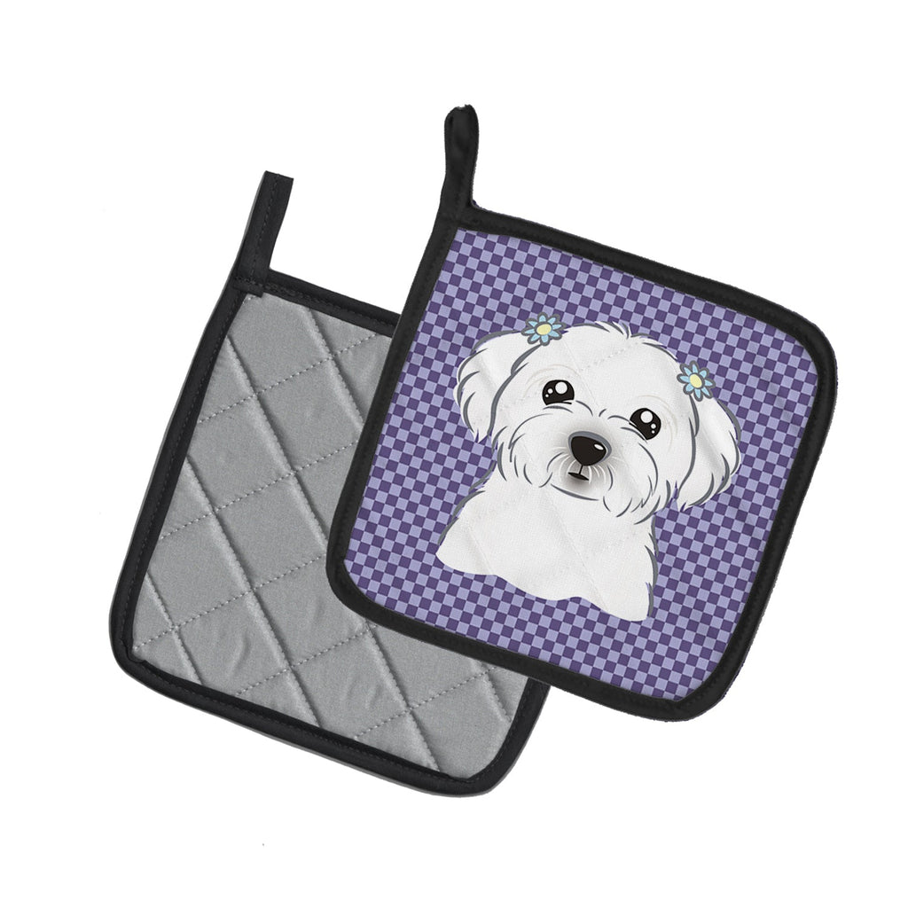 Purple Checkered Maltese Pot Holder Set of 2 Heat Resistant Quilted Hot Pads 7.5 x 7.5 Inch, Insulated Kitchen Trivets for Cooking & Baking