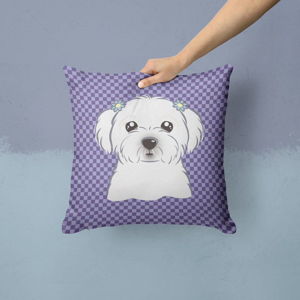Purple Checkered Maltese Decorative Throw Pillow 14x14 Indoor Outdoor Accent Cushion, Fabric Cover with Insert for Sofa, Bed, Porch & Living Room