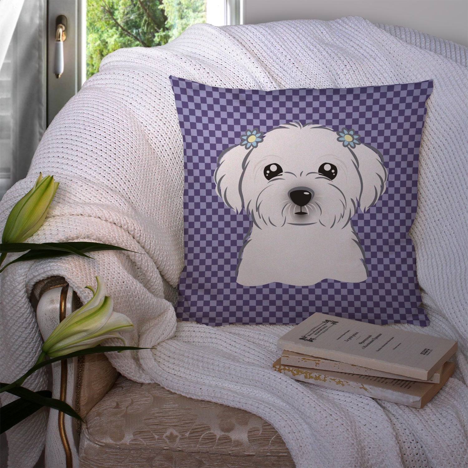 Purple Checkered Maltese Decorative Throw Pillow 14x14 Indoor Outdoor Accent Cushion, Fabric Cover with Insert for Sofa, Bed, Porch & Living Room