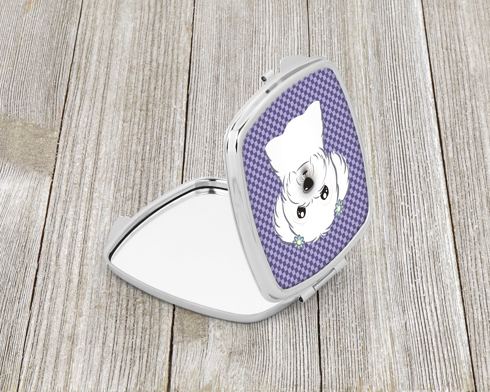 Purple Checkered Maltese Compact Mirror Decorative Travel Makeup Mirror for Women Girls Gifts Pocket Makeup Mirror Folding Handheld
