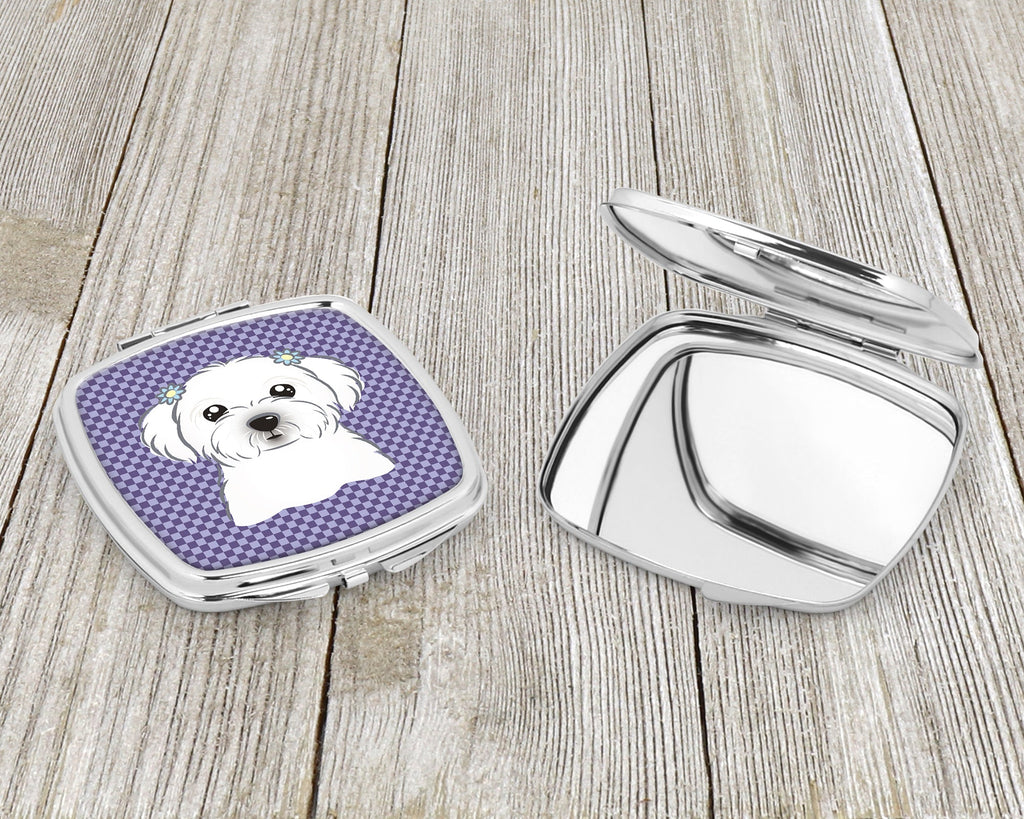 Purple Checkered Maltese Compact Mirror Decorative Travel Makeup Mirror for Women Girls Gifts Pocket Makeup Mirror Folding Handheld