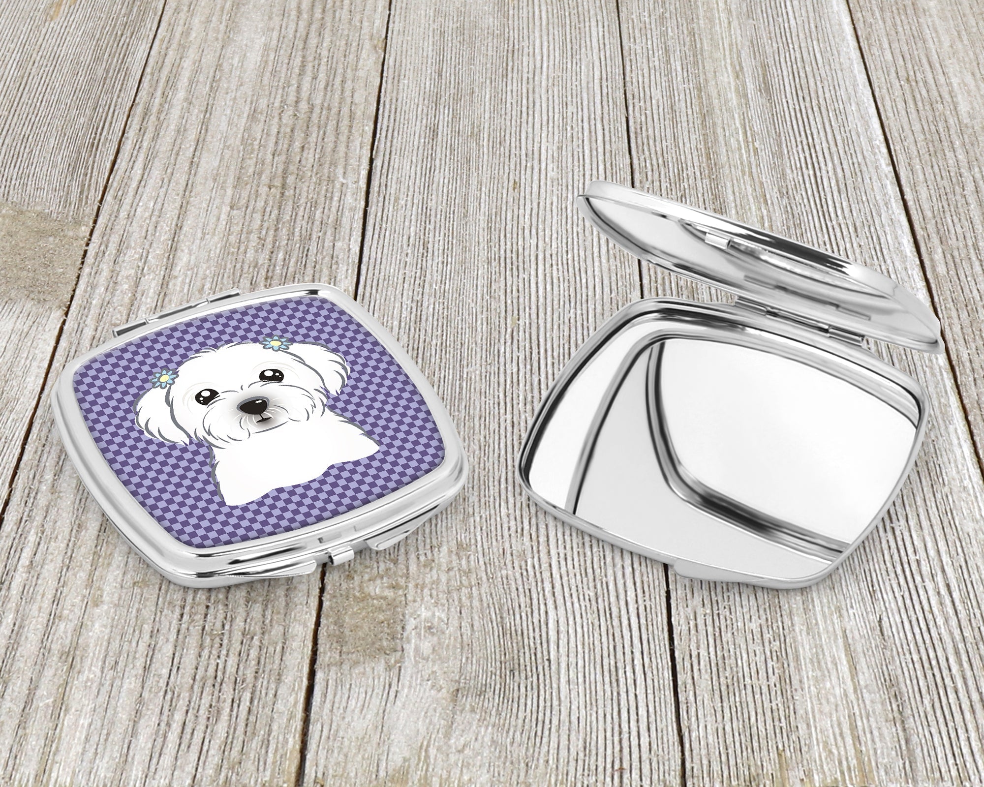 Purple Checkered Maltese Compact Mirror Decorative Travel Makeup Mirror for Women Girls Gifts Pocket Makeup Mirror Folding Handheld