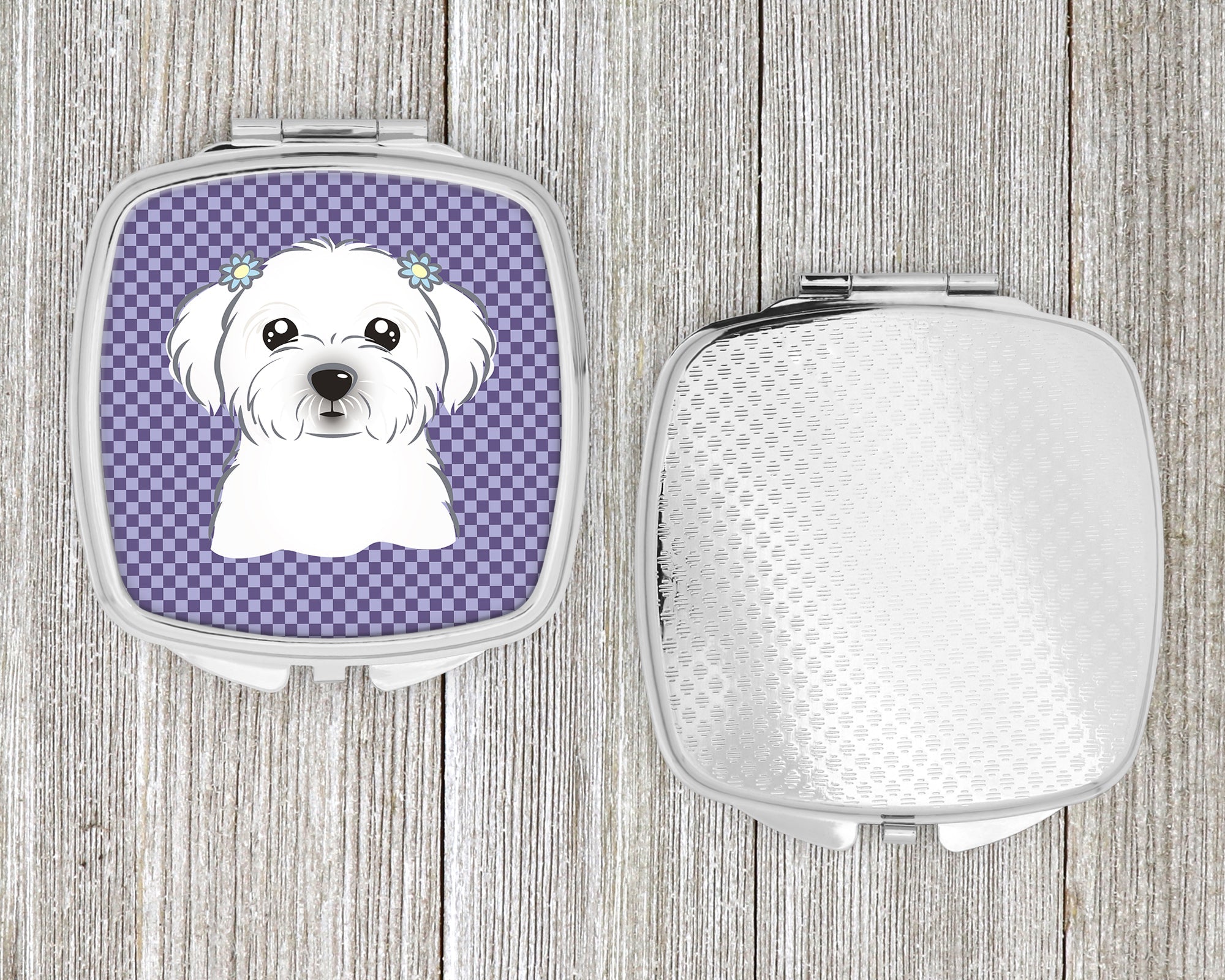 Purple Checkered Maltese Compact Mirror Decorative Travel Makeup Mirror for Women Girls Gifts Pocket Makeup Mirror Folding Handheld