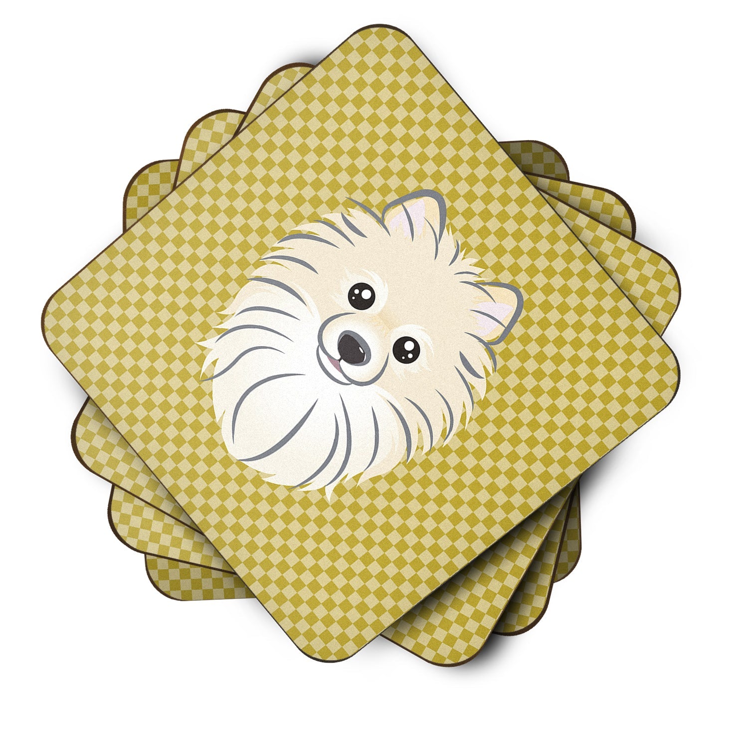 Tan Checkered Pomeranian Foam Coasters Set of 4 Cup Coasters for Indoor Outdoor, Tabletop Protection, Anti Slip, Mouse pad Material