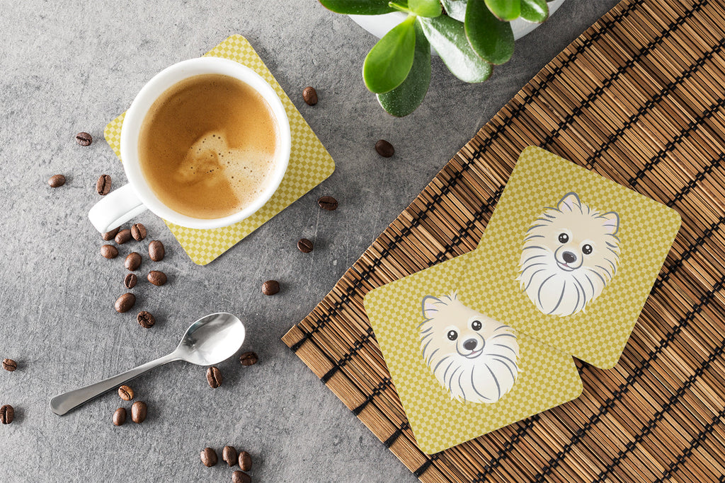 Tan Checkered Pomeranian Foam Coasters Set of 4 Cup Coasters for Indoor Outdoor, Tabletop Protection, Anti Slip, Mouse pad Material