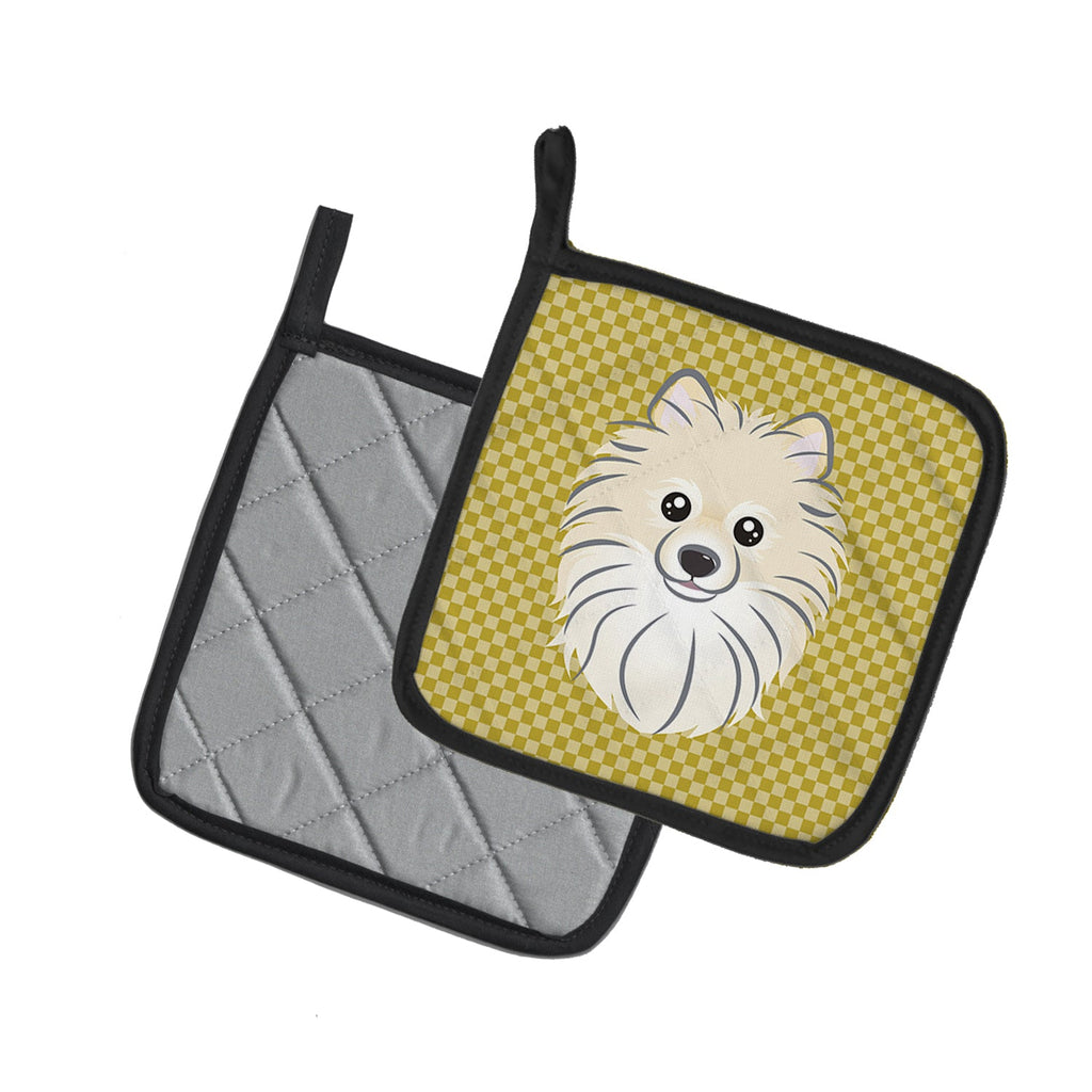 Tan Checkered Pomeranian Pot Holder Set of 2 Heat Resistant Quilted Hot Pads 7.5 x 7.5 Inch, Insulated Kitchen Trivets for Cooking & Baking