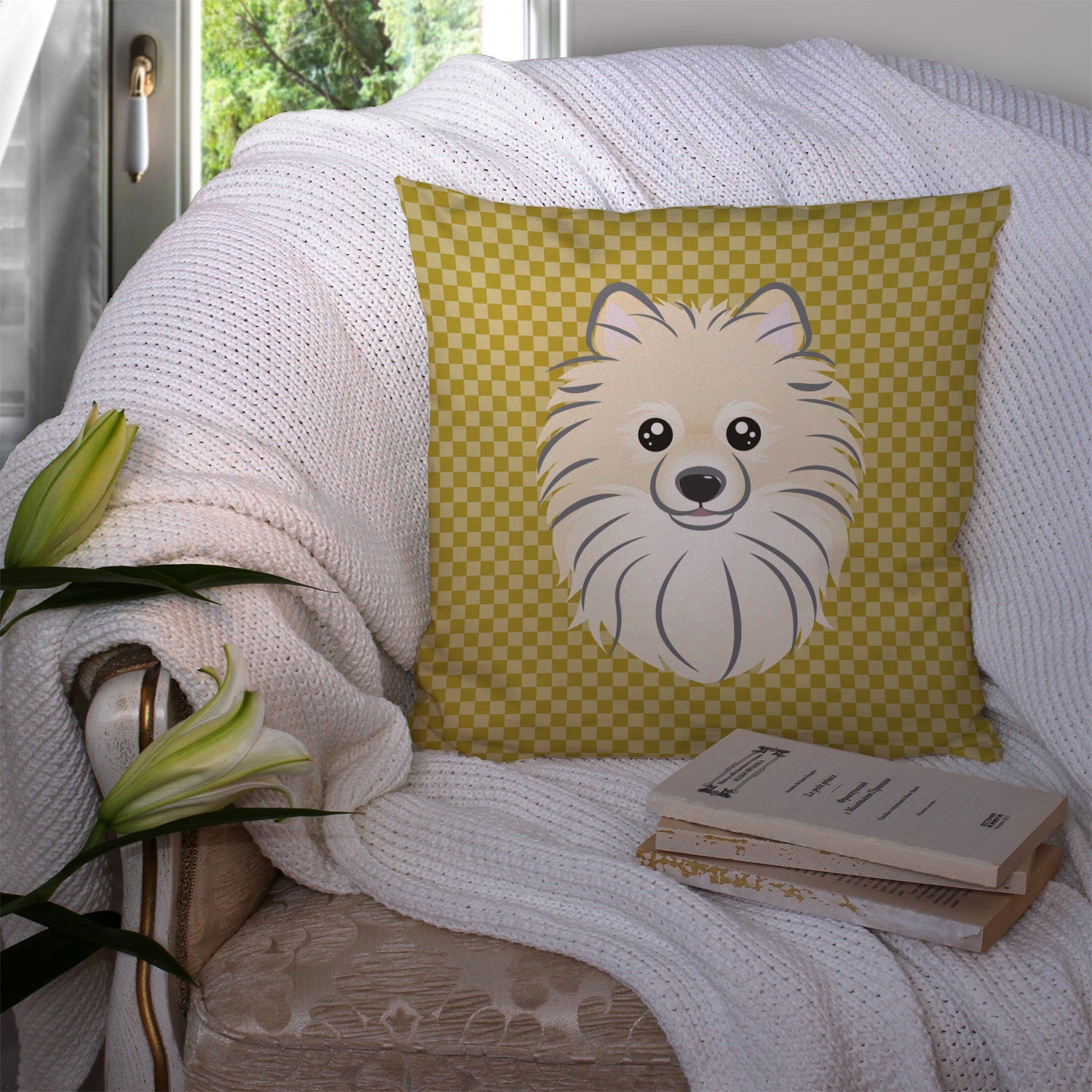 Tan Checkered Pomeranian Decorative Throw Pillow 14x14 Indoor Outdoor Accent Cushion, Fabric Cover with Insert for Sofa, Bed, Porch & Living Room