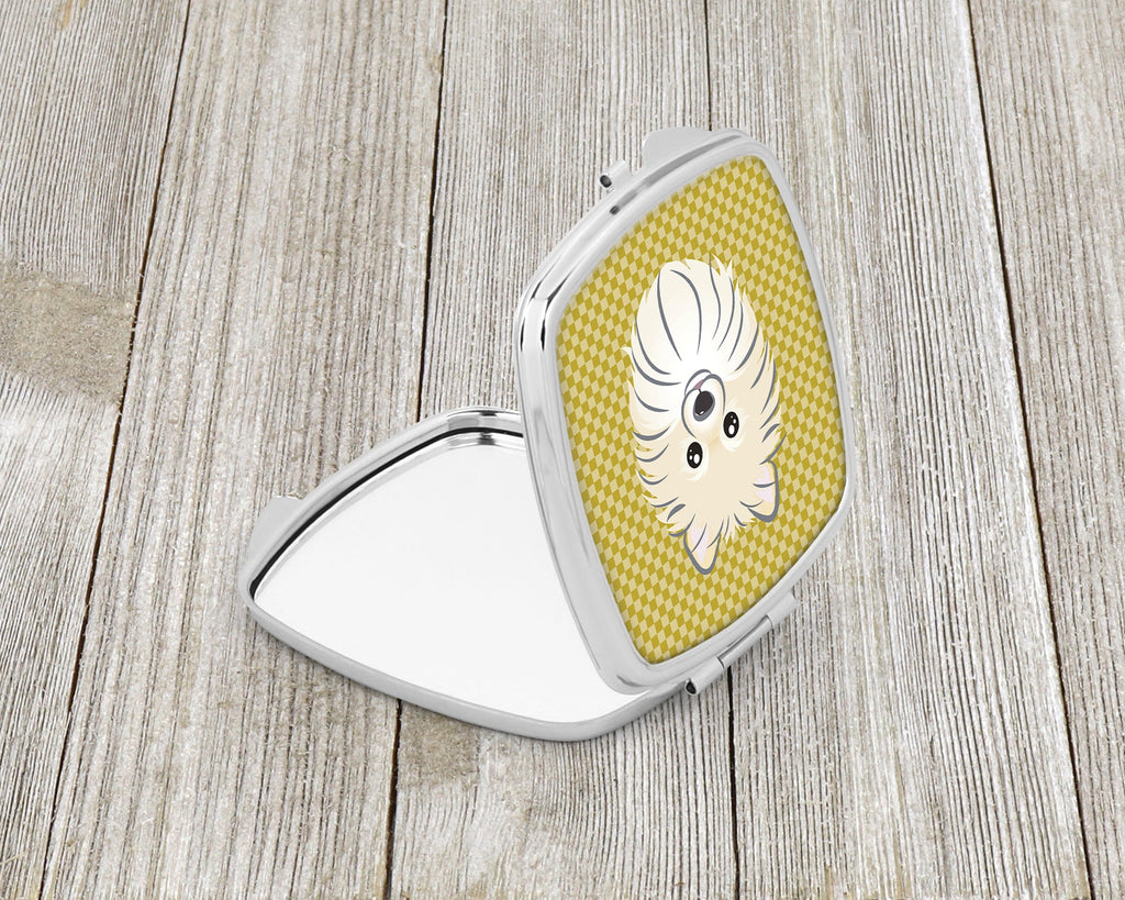 Tan Checkered Pomeranian Compact Mirror Decorative Travel Makeup Mirror for Women Girls Gifts Pocket Makeup Mirror Folding Handheld