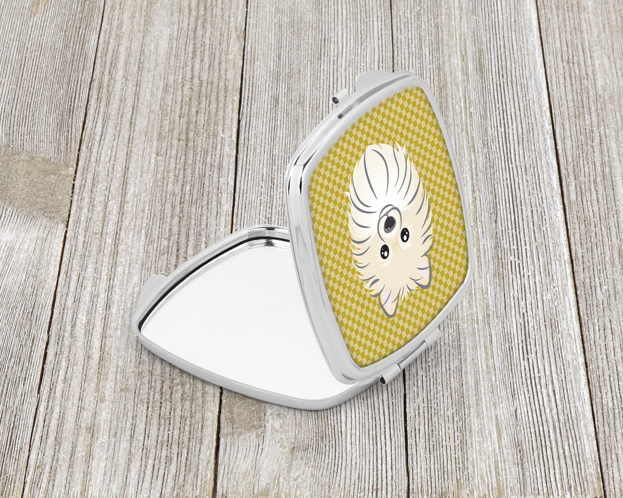 Tan Checkered Pomeranian Compact Mirror Decorative Travel Makeup Mirror for Women Girls Gifts Pocket Makeup Mirror Folding Handheld