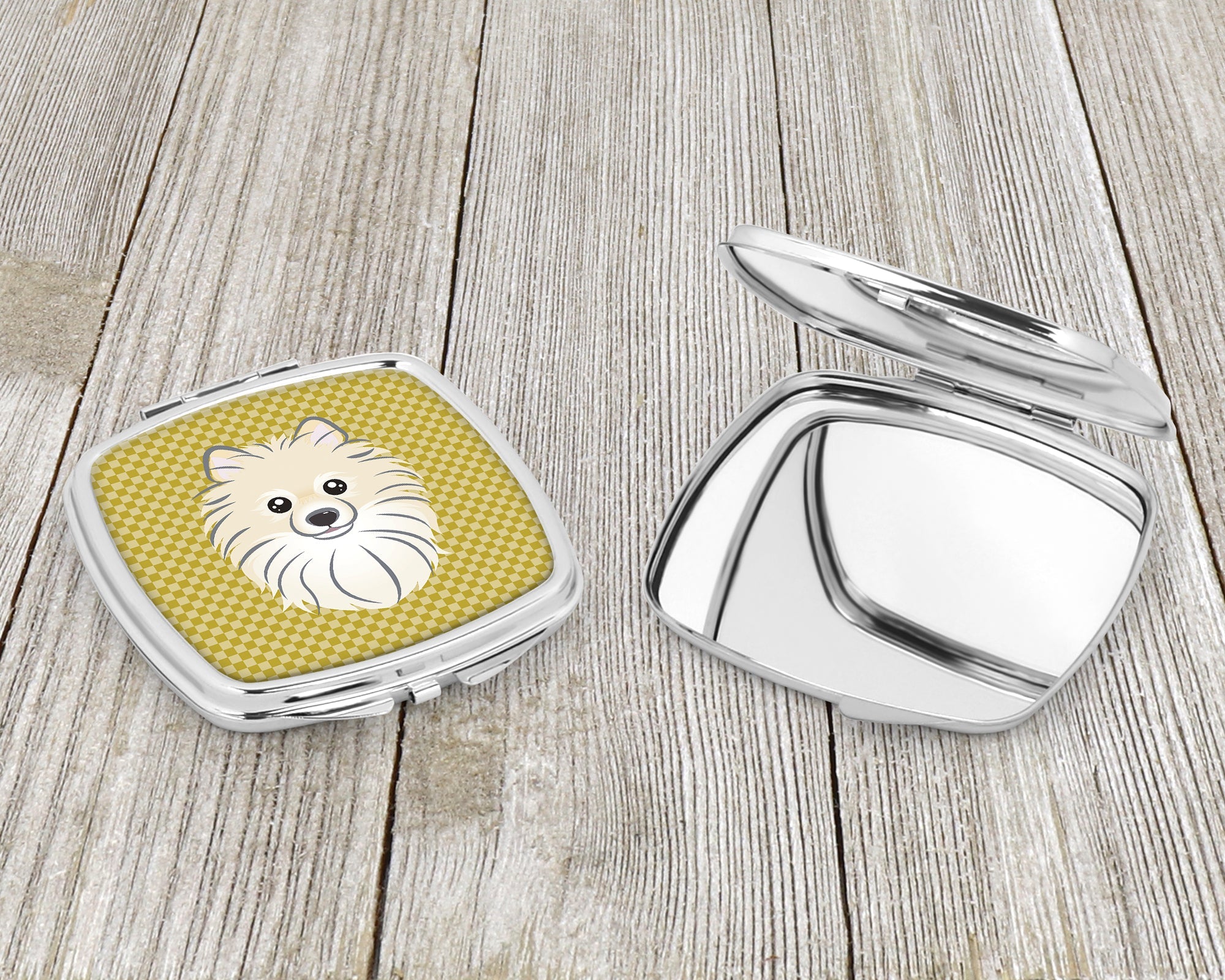 Tan Checkered Pomeranian Compact Mirror Decorative Travel Makeup Mirror for Women Girls Gifts Pocket Makeup Mirror Folding Handheld