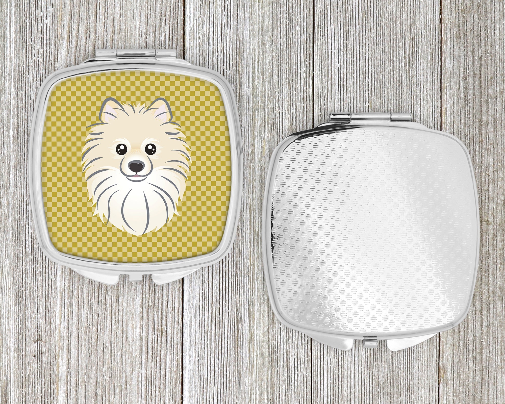 Tan Checkered Pomeranian Compact Mirror Decorative Travel Makeup Mirror for Women Girls Gifts Pocket Makeup Mirror Folding Handheld