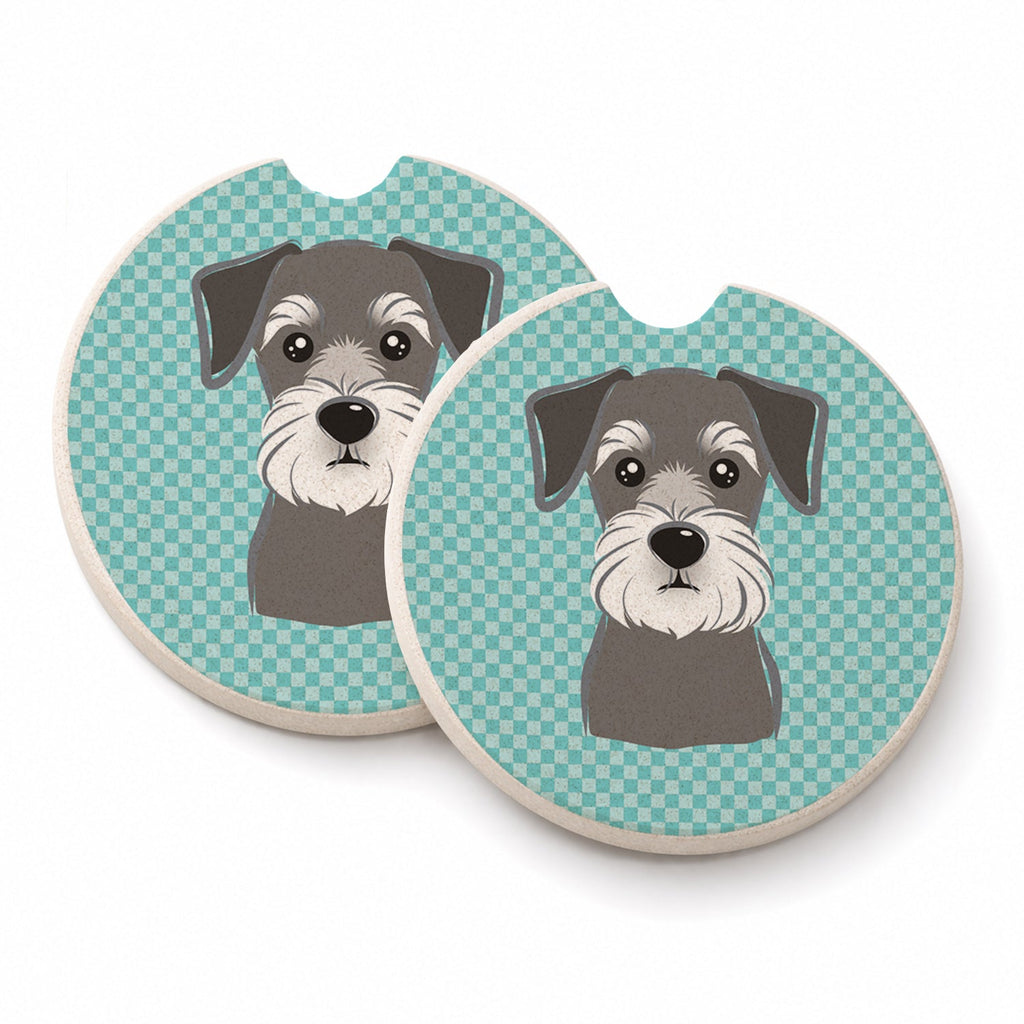 Blue Checkered Schnauzer Set of 2 Cup Holder Car Coasters Absorbent Round Sandstone Coasters Gifts for Men or Women, 2.5, Multicolor
