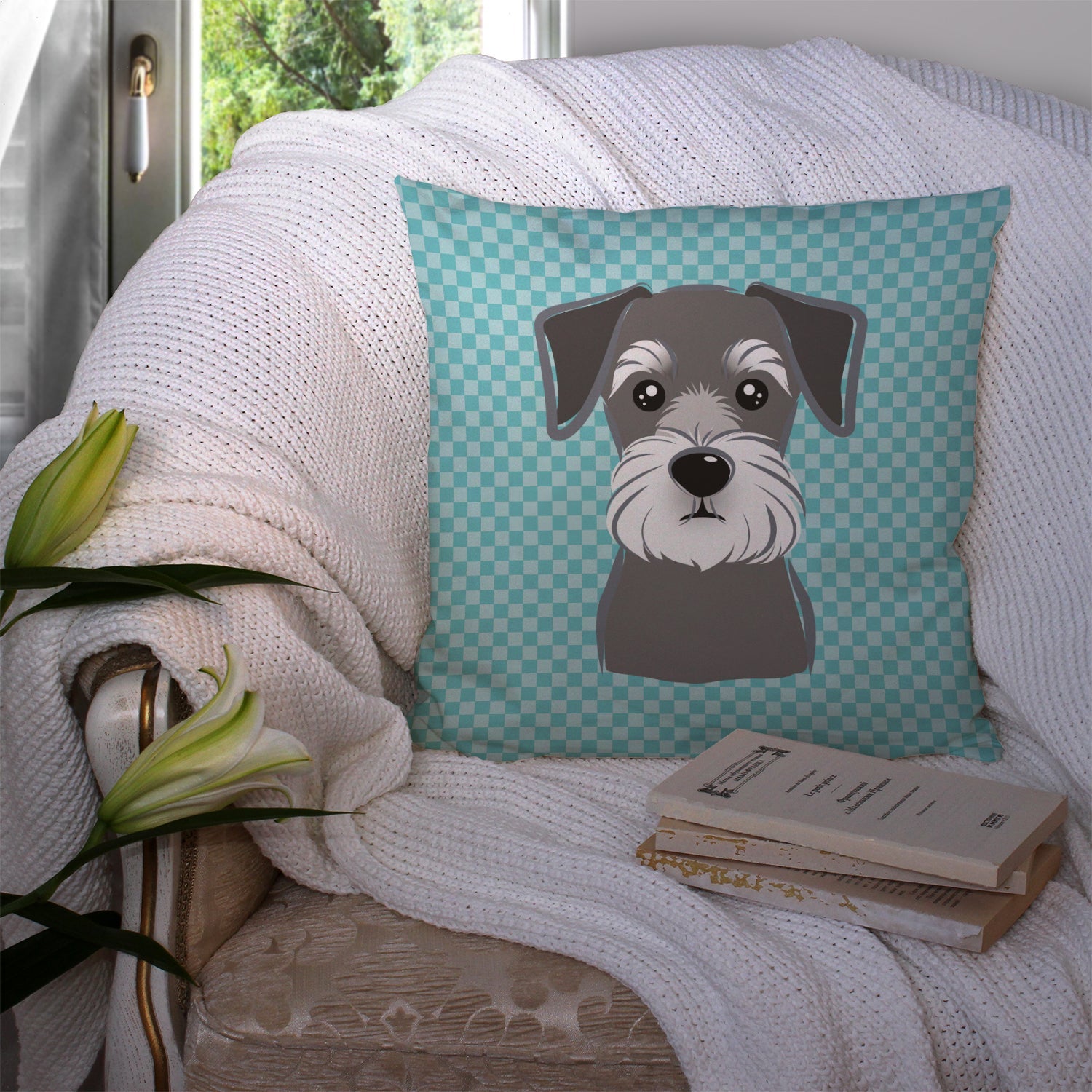 Blue Checkered Schnauzer Decorative Throw Pillow 14x14 Indoor Outdoor Accent Cushion, Fabric Cover with Insert for Sofa, Bed, Porch & Living Room
