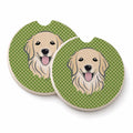 Green Checkered Golden Retriever Set of 2 Cup Holder Car Coasters Absorbent Round Sandstone Coasters Gifts for Men or Women, 2.5, Multicolor