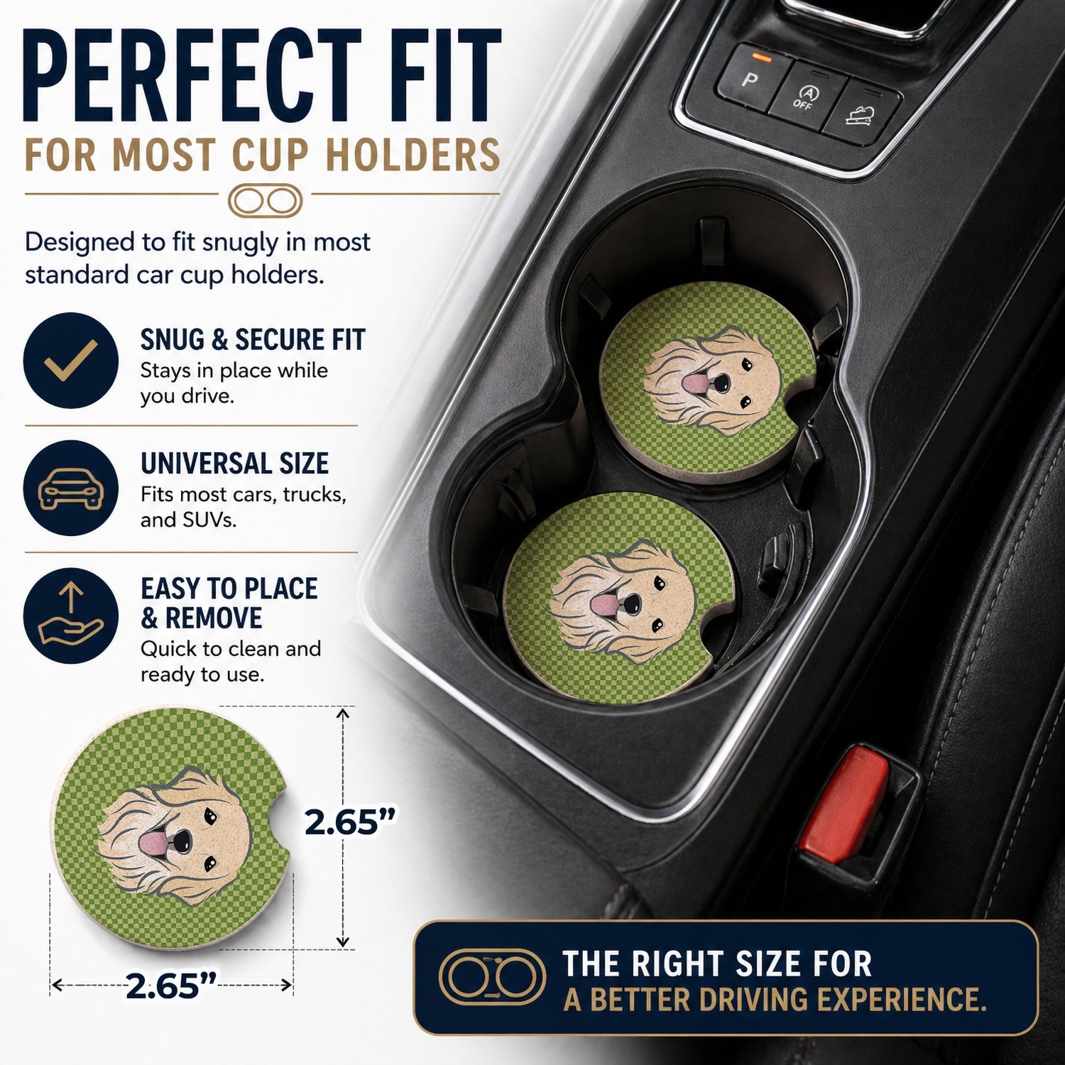 Green Checkered Golden Retriever Set of 2 Cup Holder Car Coasters Absorbent Round Sandstone Coasters Gifts for Men or Women, 2.5, Multicolor