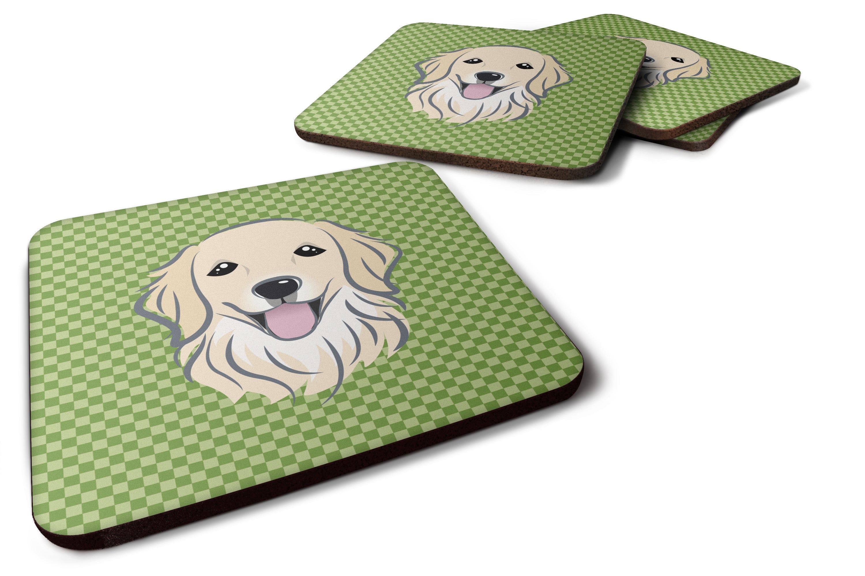 Green Checkered Golden Retriever Foam Coasters Set of 4 Cup Coasters for Indoor Outdoor, Tabletop Protection, Anti Slip, Mouse pad Material