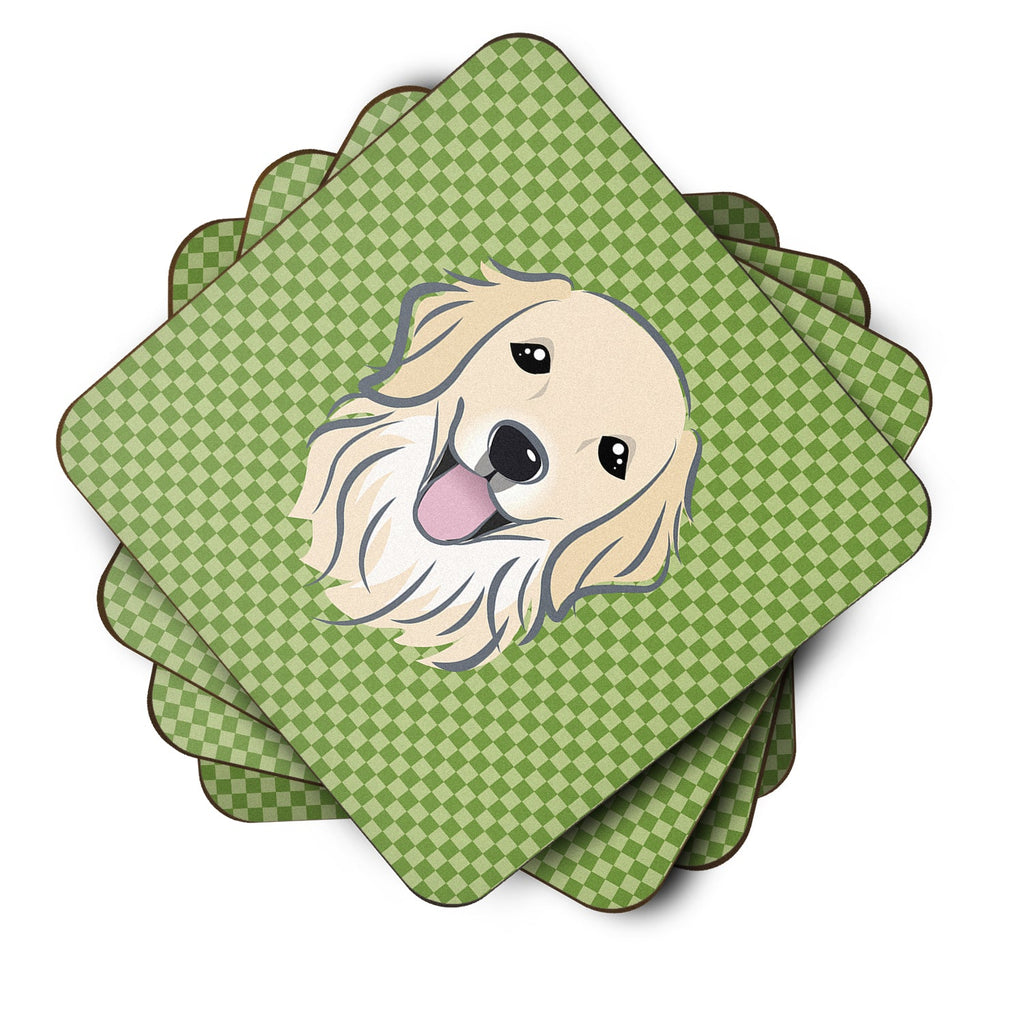 Green Checkered Golden Retriever Foam Coasters Set of 4 Cup Coasters for Indoor Outdoor, Tabletop Protection, Anti Slip, Mouse pad Material