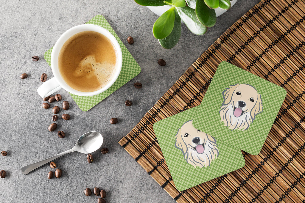 Green Checkered Golden Retriever Foam Coasters Set of 4 Cup Coasters for Indoor Outdoor, Tabletop Protection, Anti Slip, Mouse pad Material