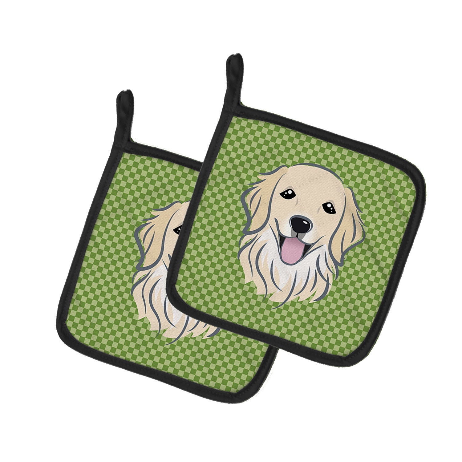 Green Checkered Golden Retriever Pot Holder Set of 2 Heat Resistant Quilted Hot Pads 7.5 x 7.5 Inch, Insulated Kitchen Trivets for Cooking & Baking