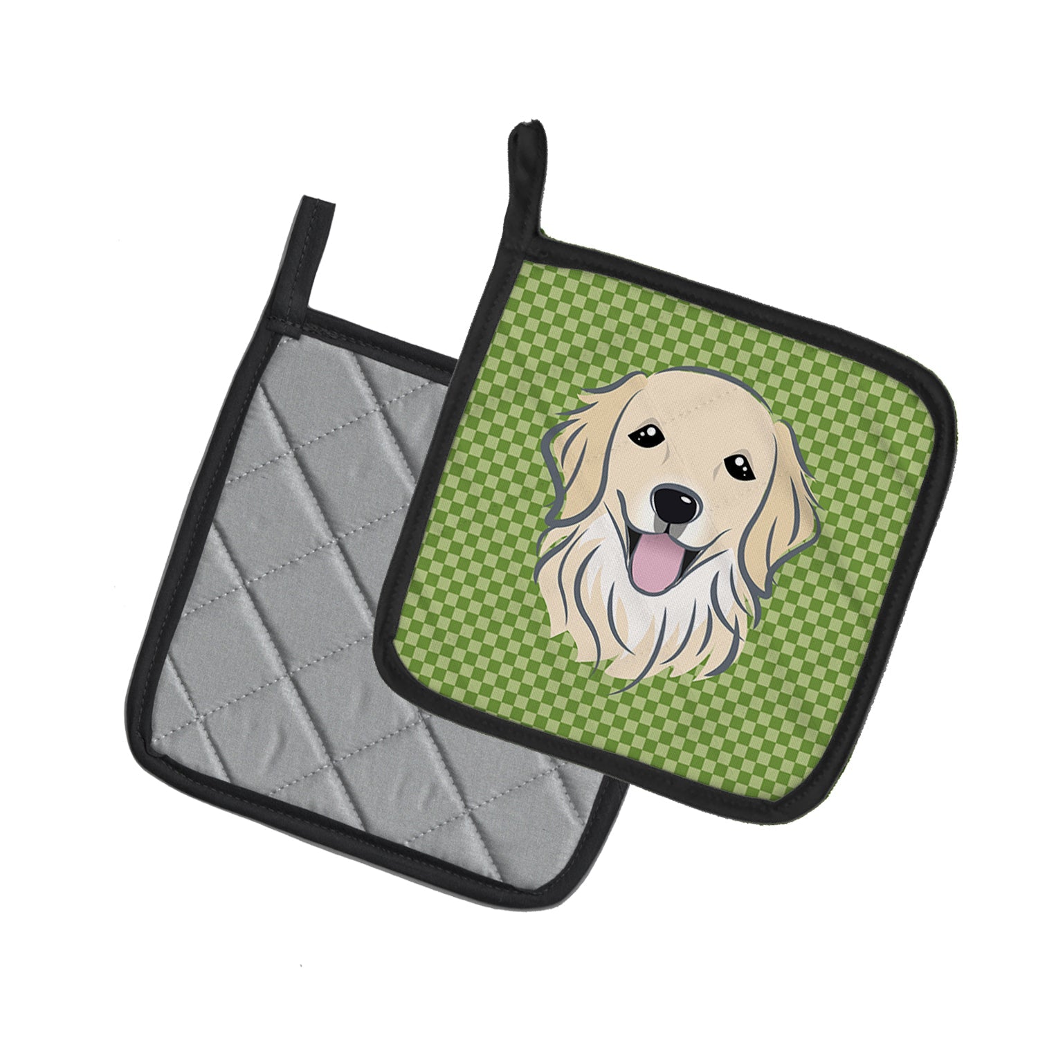 Green Checkered Golden Retriever Pot Holder Set of 2 Heat Resistant Quilted Hot Pads 7.5 x 7.5 Inch, Insulated Kitchen Trivets for Cooking & Baking