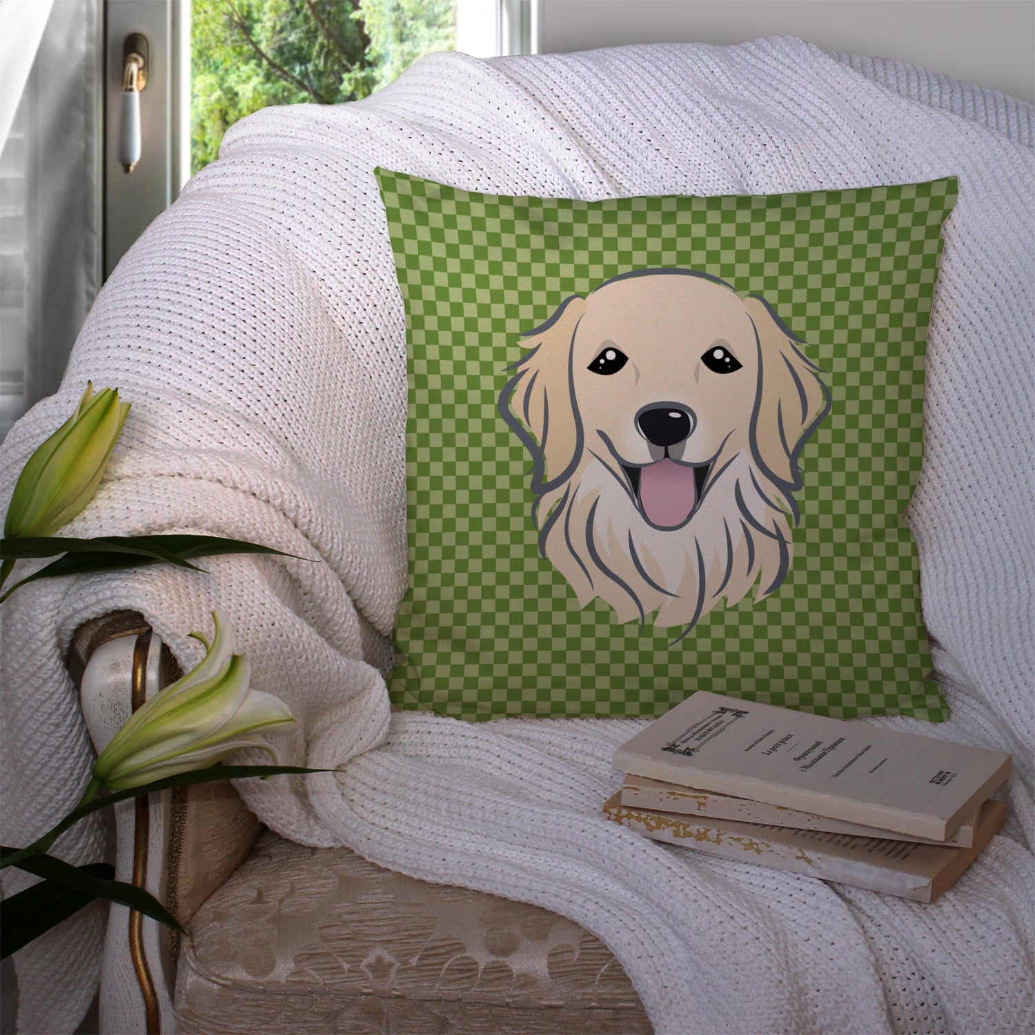 Green Checkered Golden Retriever Decorative Throw Pillow 14x14 Indoor Outdoor Accent Cushion, Fabric Cover with Insert for Sofa, Bed, Porch & Living Room