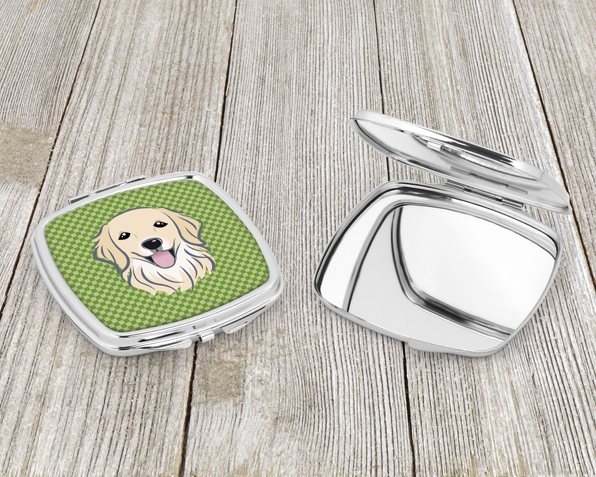 Green Checkered Golden Retriever Compact Mirror Decorative Travel Makeup Mirror for Women Girls Gifts Pocket Makeup Mirror Folding Handheld