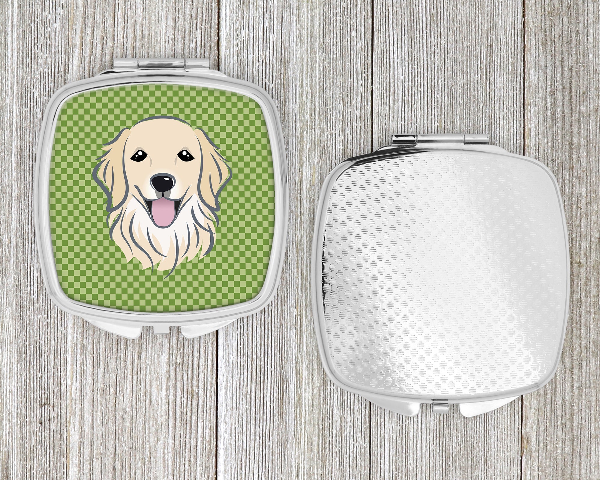 Green Checkered Golden Retriever Compact Mirror Decorative Travel Makeup Mirror for Women Girls Gifts Pocket Makeup Mirror Folding Handheld