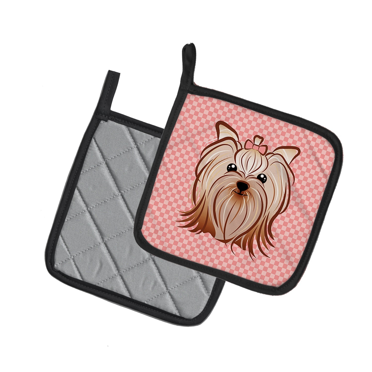 Pink Checkered Yorkie / Yorkshire Terrier Pot Holder Set of 2 Heat Resistant Quilted Hot Pads 7.5 x 7.5 Inch, Insulated Kitchen Trivets for Cooking & Baking