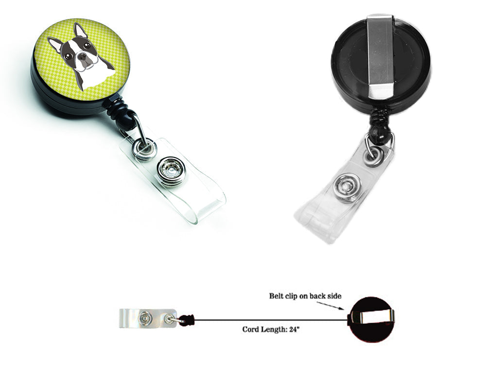 Lime Checkered Boston Terrier Retractable Badge Reel for Nurses ID Badge Holder with Clip Retractable Employee Badge Holder, Belt Clip