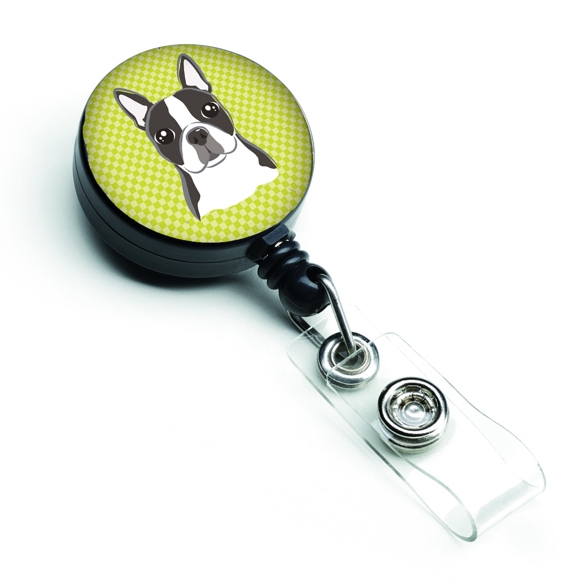 Lime Checkered Boston Terrier Retractable Badge Reel for Nurses ID Badge Holder with Clip Retractable Employee Badge Holder, Belt Clip