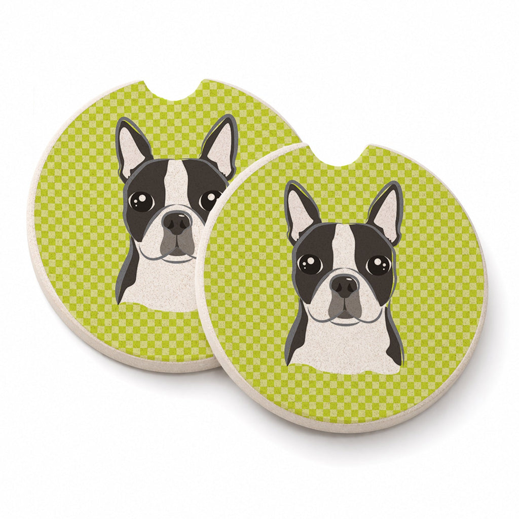 Lime Checkered Boston Terrier Set of 2 Cup Holder Car Coasters Absorbent Round Sandstone Coasters Gifts for Men or Women, 2.5, Multicolor