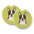 Lime Checkered Boston Terrier Set of 2 Cup Holder Car Coasters Absorbent Round Sandstone Coasters Gifts for Men or Women, 2.5, Multicolor