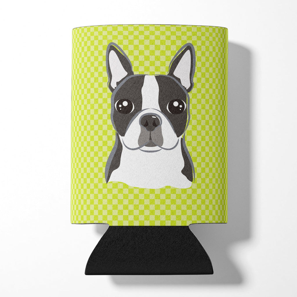 Lime Checkered Boston Terrier Can or Bottle Hugger Cooler Sleeve for Standard 12 oz Cans, Insulated Foam Beer & Soda Can Hugger Reusable