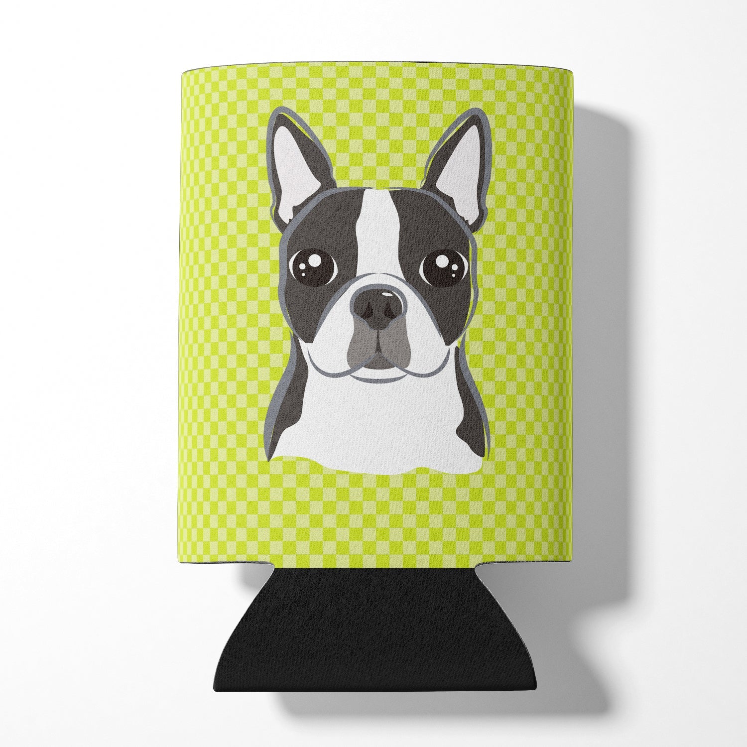 Lime Checkered Boston Terrier Can or Bottle Hugger Cooler Sleeve for Standard 12 oz Cans, Insulated Foam Beer & Soda Can Hugger Reusable