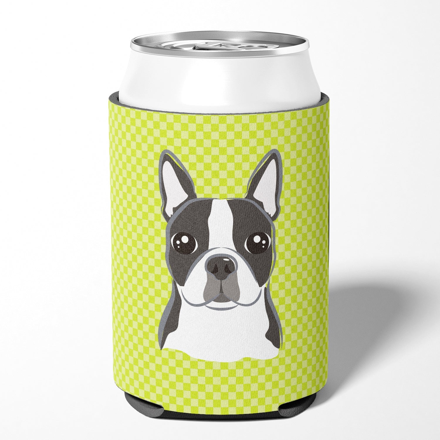 Lime Checkered Boston Terrier Can or Bottle Hugger Cooler Sleeve for Standard 12 oz Cans, Insulated Foam Beer & Soda Can Hugger Reusable