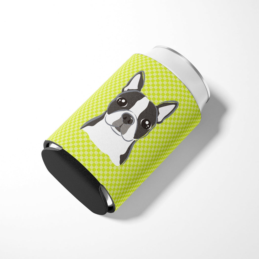 Lime Checkered Boston Terrier Can or Bottle Hugger Cooler Sleeve for Standard 12 oz Cans, Insulated Foam Beer & Soda Can Hugger Reusable