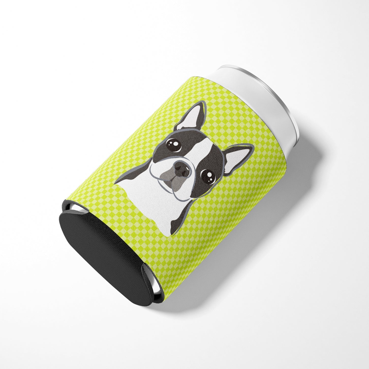 Lime Checkered Boston Terrier Can or Bottle Hugger Cooler Sleeve for Standard 12 oz Cans, Insulated Foam Beer & Soda Can Hugger Reusable