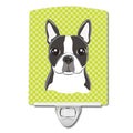 Lime Checkered Boston Terrier Ceramic Night Light Compact, UL-Certified, Ideal for Bedroom, Bathroom, Nursery, Hallway, Kitchen, 6x4x3, Multicolor