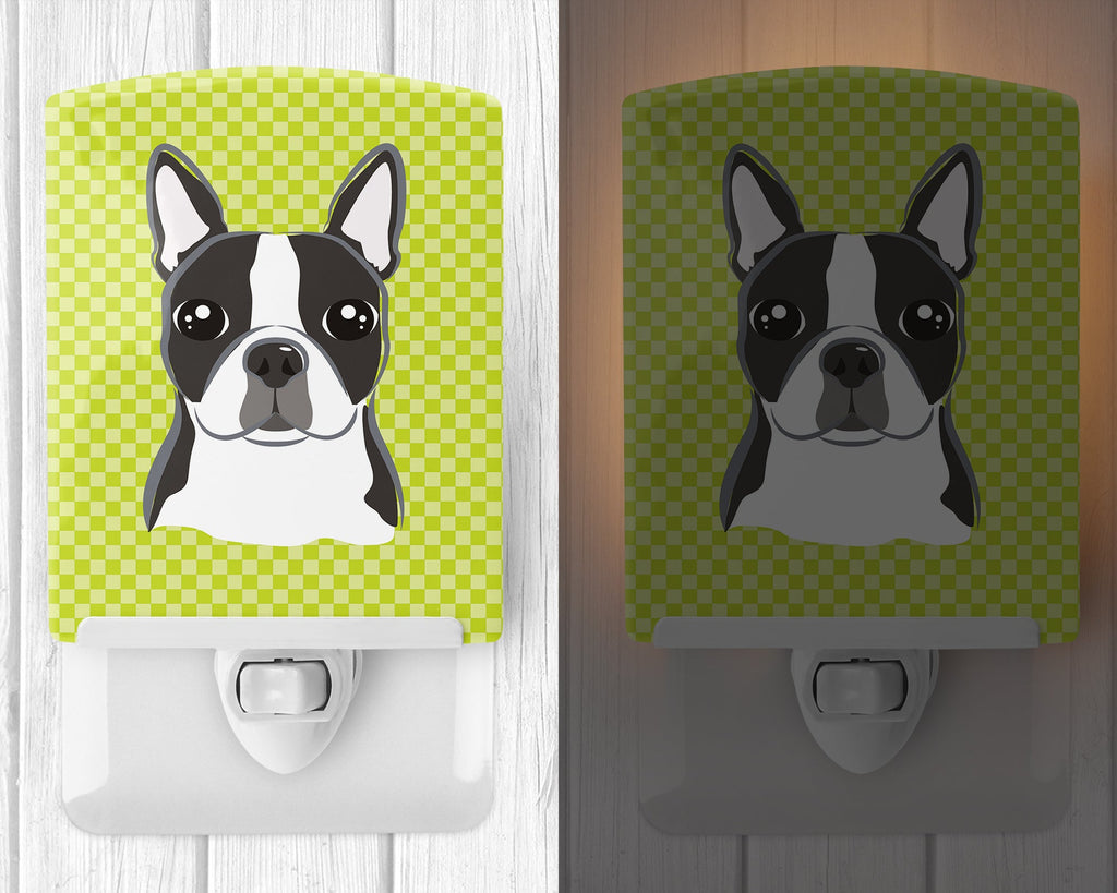 Lime Checkered Boston Terrier Ceramic Night Light Compact, UL-Certified, Ideal for Bedroom, Bathroom, Nursery, Hallway, Kitchen, 6x4x3, Multicolor